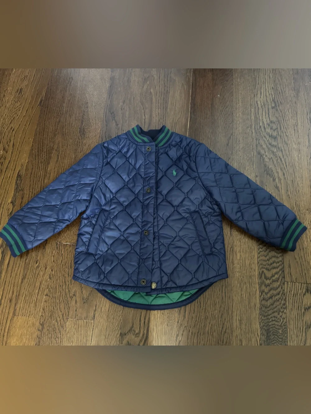 Ralph Lauren Navy Quilted Puffer Jacket with Green Trim